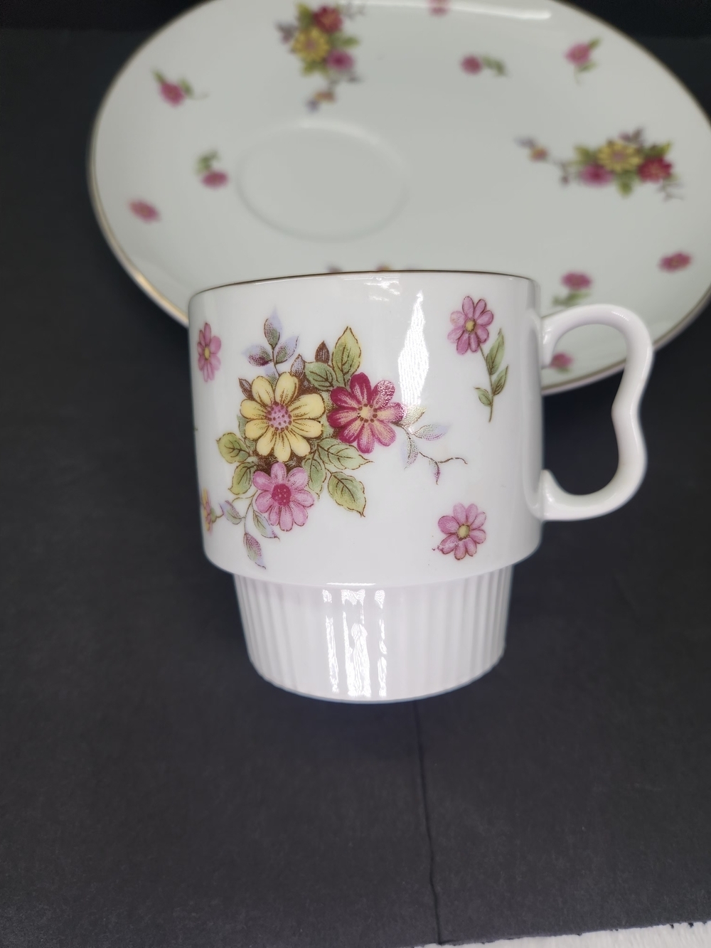 Vintage Fine White Porcelain Floral Cup and Snack Plate - Pink and Yellow - Picture 4 of 9